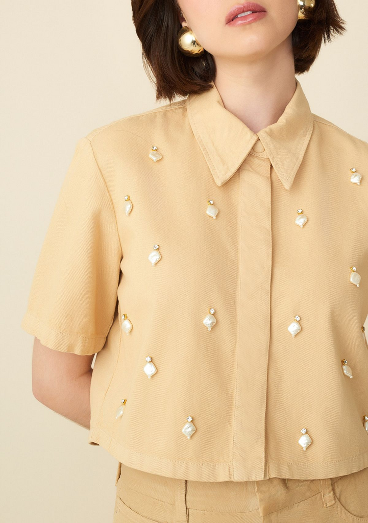 Maria.Valentina Short Sleeve Shirt With Beige Embroidery