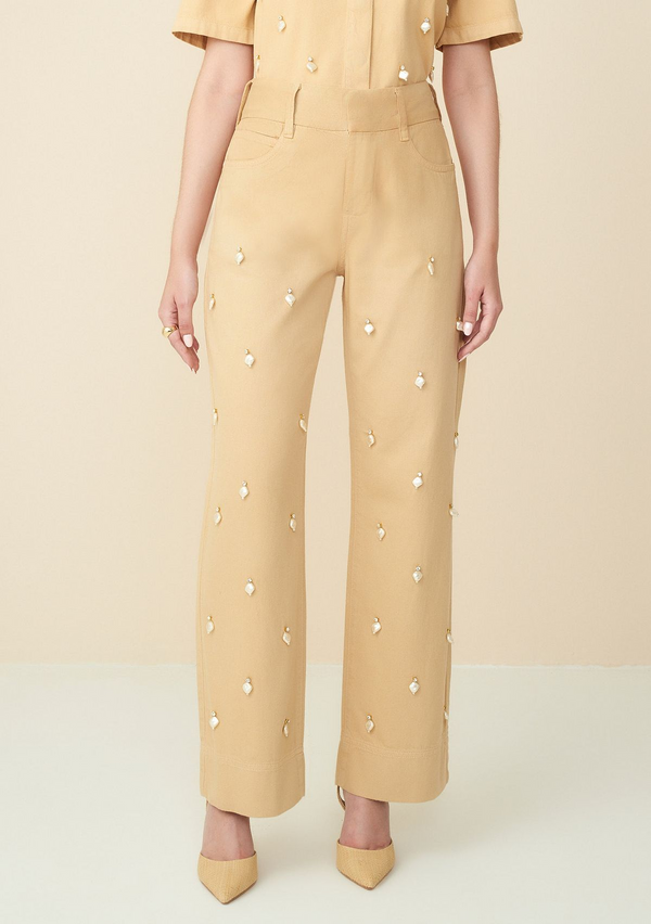 Maria Valentina Straight Slim Trousers Intermediate Waistband Manual Embroidery Beige